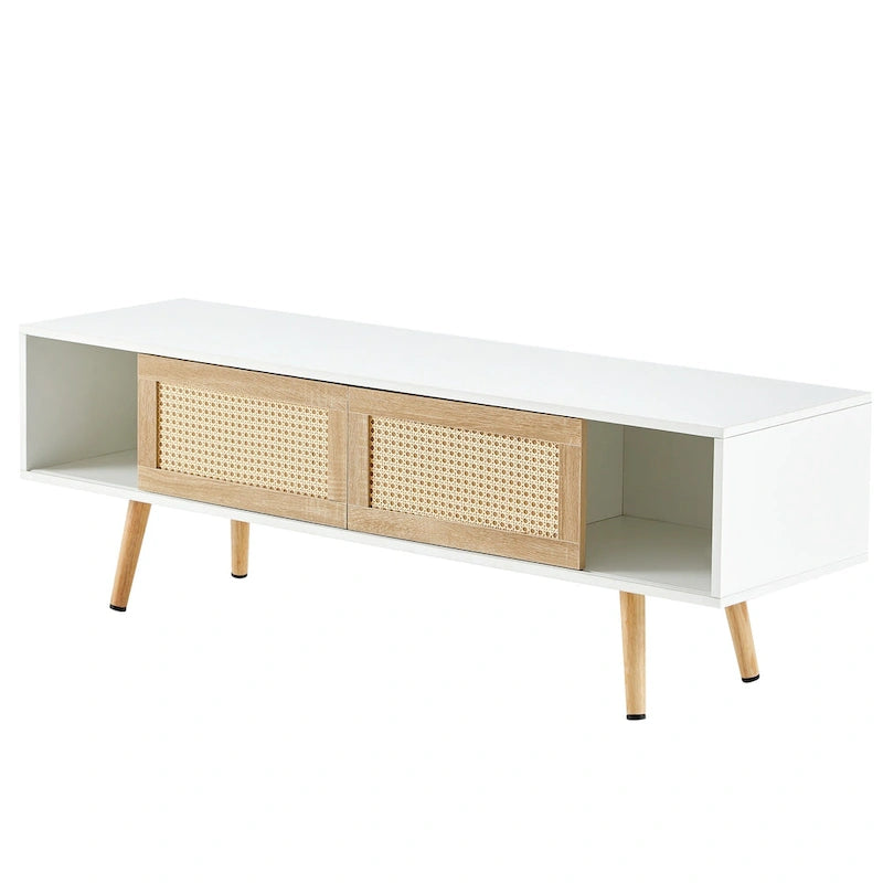 55.12 TV Stand with Double Sliding Doors, Solid Wood Legs and Adjustable Shelf for Living Room