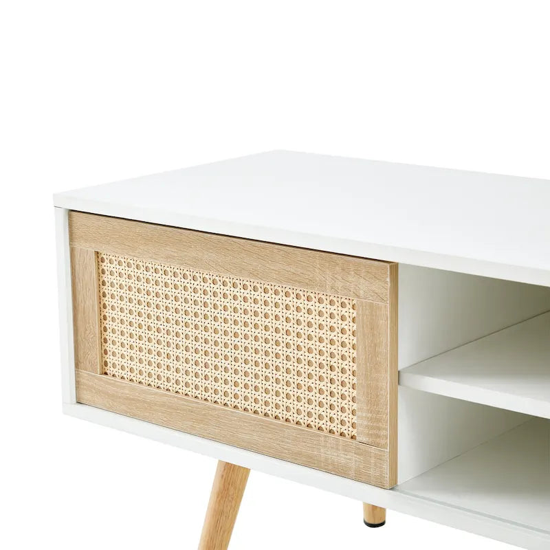 55.12 TV Stand with Double Sliding Doors, Solid Wood Legs and Adjustable Shelf for Living Room