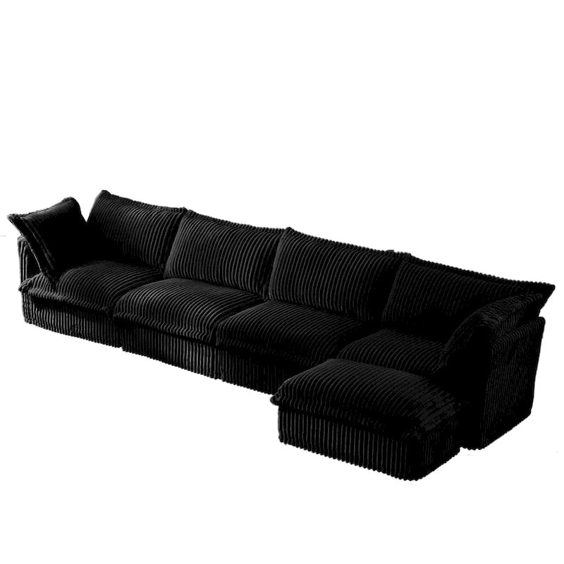 Canapé d'angle en velours côtelé avec housse amovible et assises profondes, canapé 4 places avec accoudoirs souples et 2 grands coussins