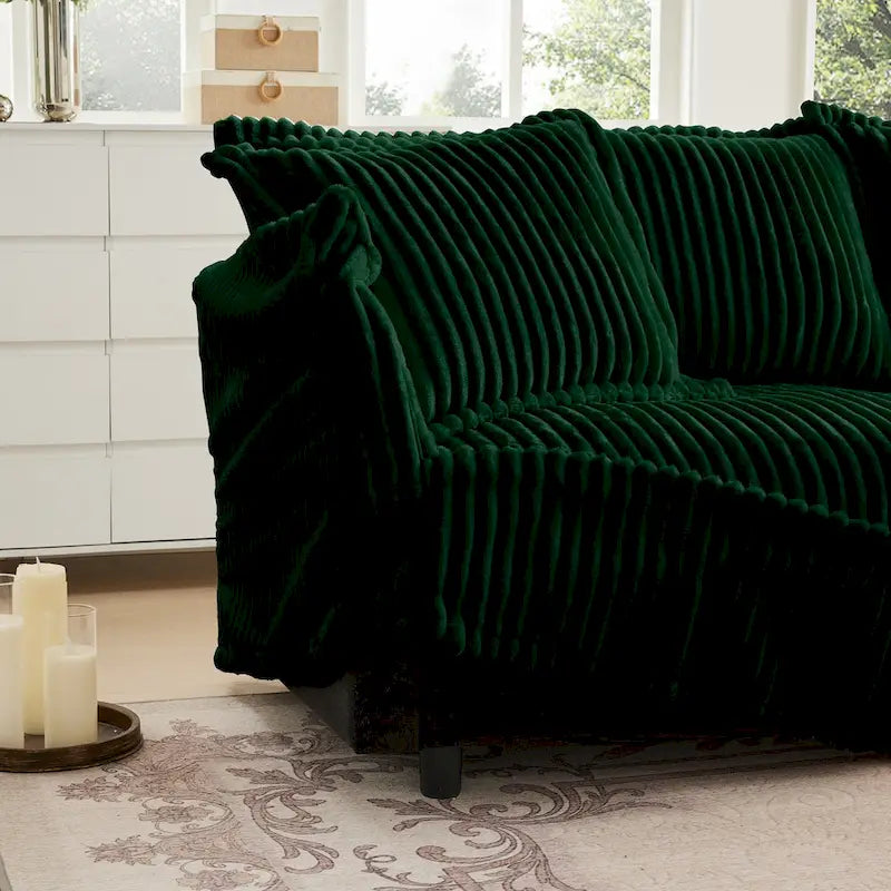 Corduroy Slipcovered L-Shaped Sectional Sofa with Deep Seats, 4-Seater Couch with Supple Armrests and 2 Big Pillows