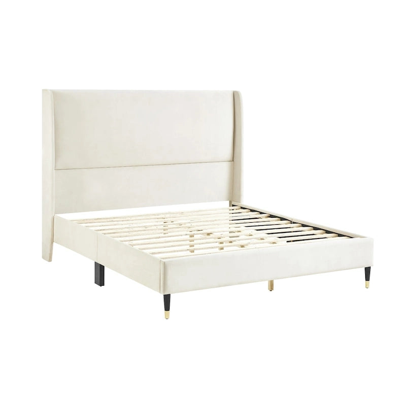 Beige Queen Size Style Platform Bed with Wingback Velvet Headboard