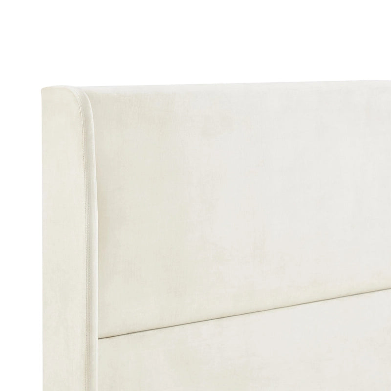 Beige Queen Size Style Platform Bed with Wingback Velvet Headboard
