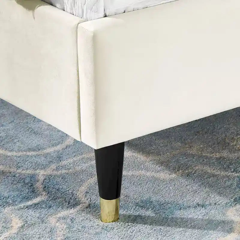 Beige Queen Size Style Platform Bed with Wingback Velvet Headboard