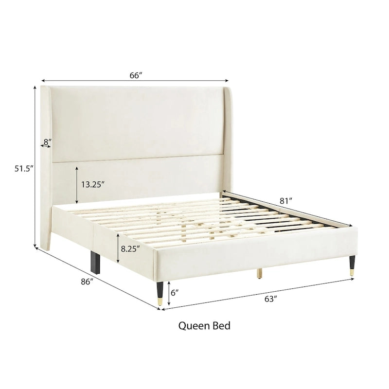 Beige Queen Size Style Platform Bed with Wingback Velvet Headboard