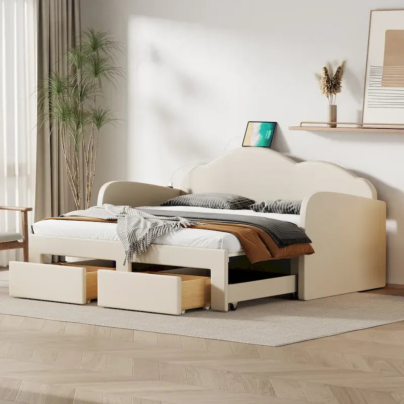 Twin Cloud Samt-Tagesbett mit Ausziehbett, Schubladen und USB