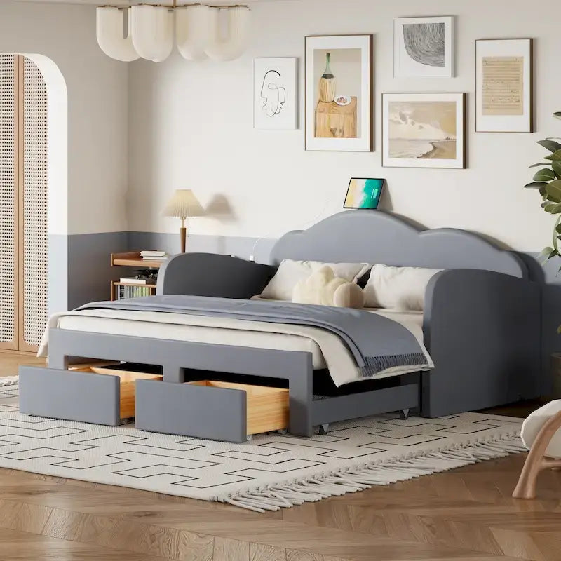 Twin Cloud Samt-Tagesbett mit Ausziehbett, Schubladen und USB