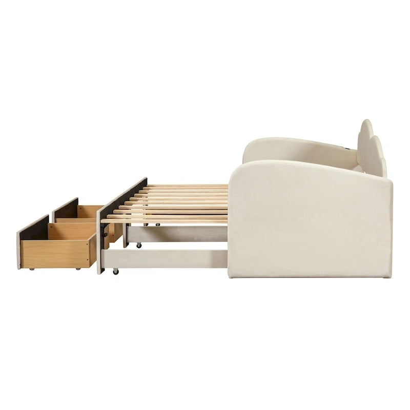 Twin Cloud Velvet Daybed with Trundle, Drawers, and USB