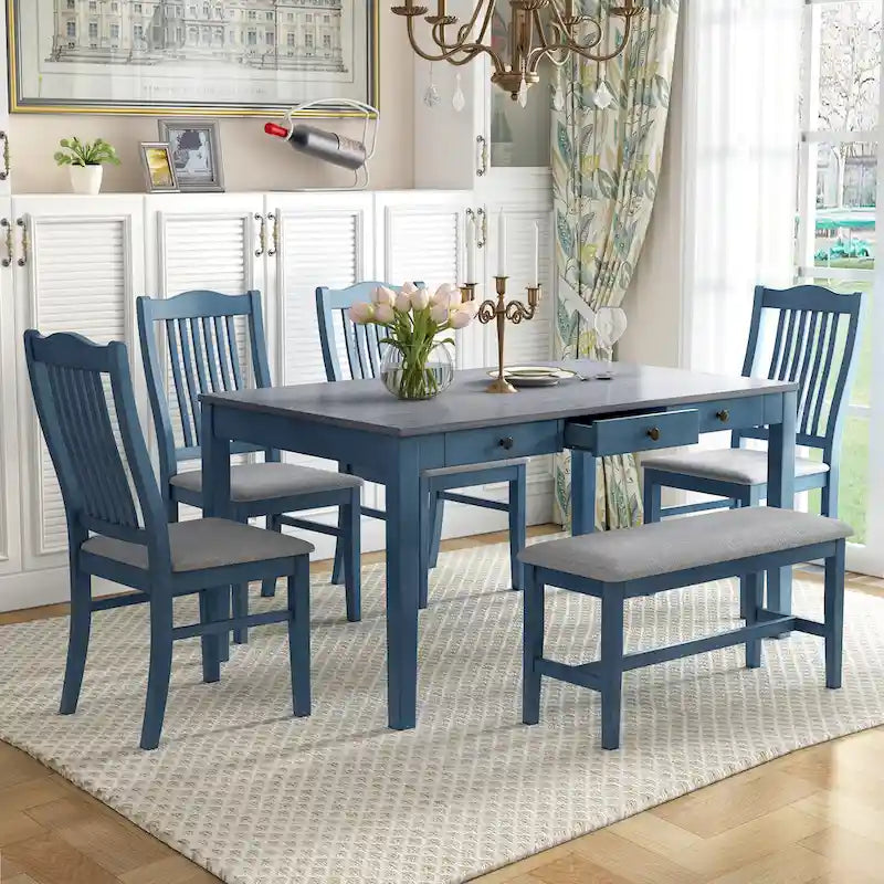 6-Piece Wooden Dining Table Set with 4 Chairs & Bench, Table with Drawer