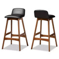 Baxton Studio 2pc Darrin Faux Leather and Wood Barstools Black/Walnut/Brown: Upholstered Oval Seat, 30" Fixed Height