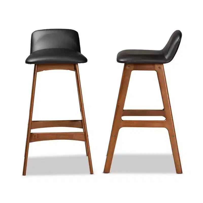Baxton Studio 2pc Darrin Faux Leather and Wood Barstools Black/Walnut/Brown: Upholstered Oval Seat, 30" Fixed Height
