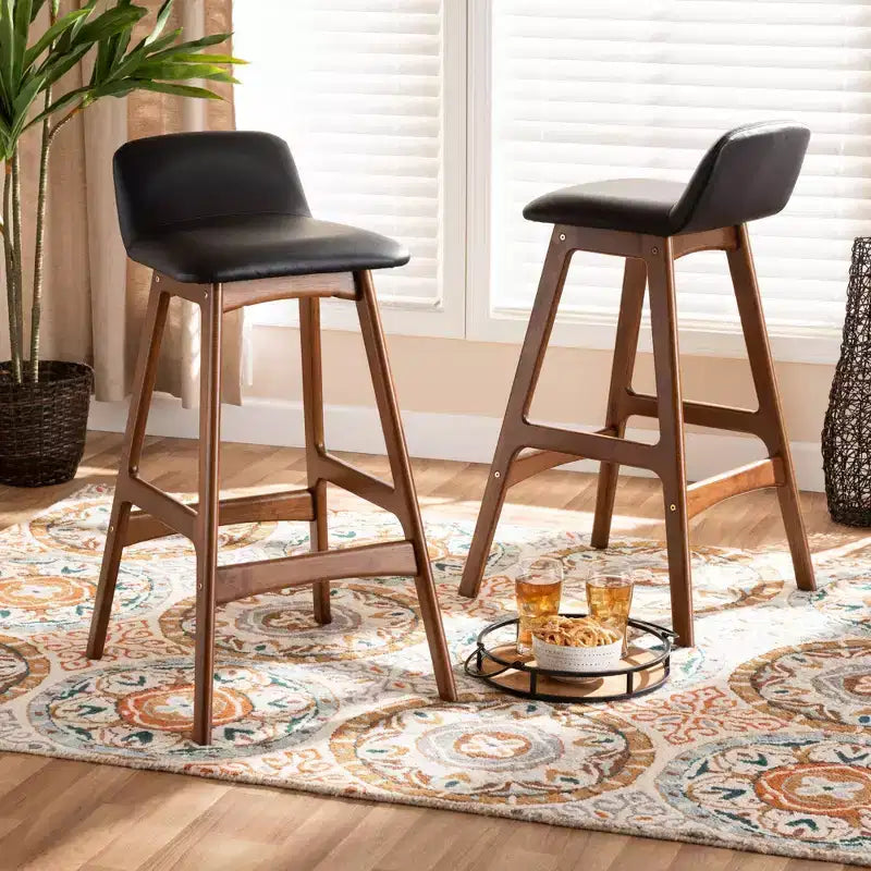 Baxton Studio 2pc Darrin Faux Leather and Wood Barstools Black/Walnut/Brown: Upholstered Oval Seat, 30" Fixed Height