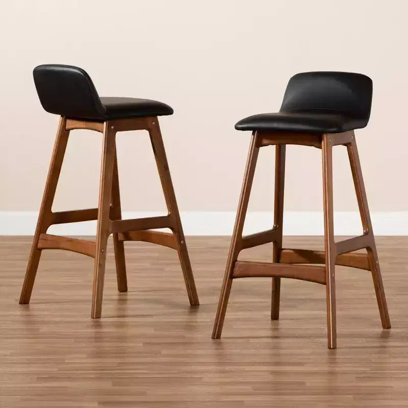 Baxton Studio 2pc Darrin Faux Leather and Wood Barstools Black/Walnut/Brown: Upholstered Oval Seat, 30" Fixed Height