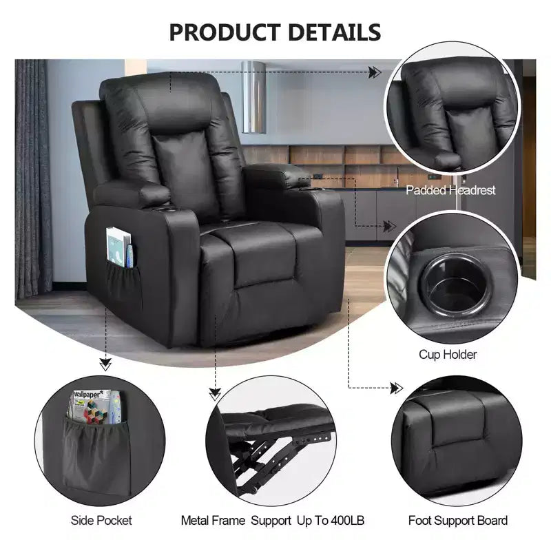 COMHOMA Side Lever Recliner Chair PU Leather Rocking Sofa with Heated Massage Black