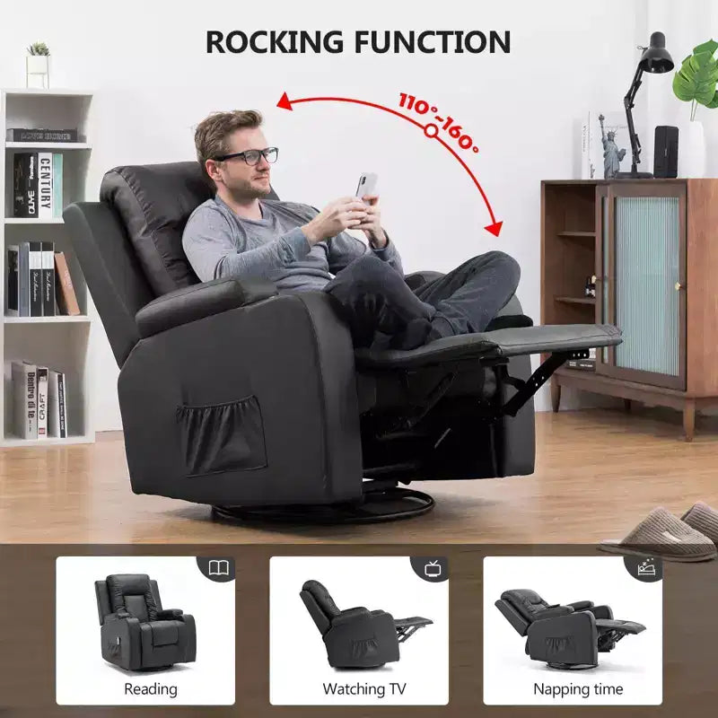 COMHOMA Side Lever Recliner Chair PU Leather Rocking Sofa with Heated Massage Black