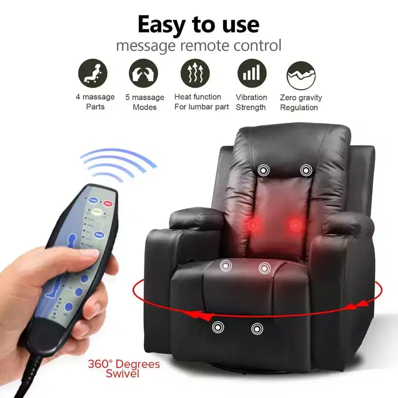 COMHOMA Side Lever Recliner Chair PU Leather Rocking Sofa with Heated Massage Black