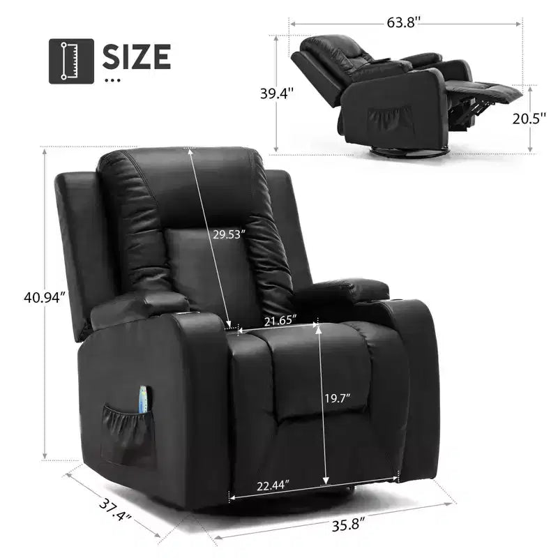 COMHOMA Side Lever Recliner Chair PU Leather Rocking Sofa with Heated Massage Black