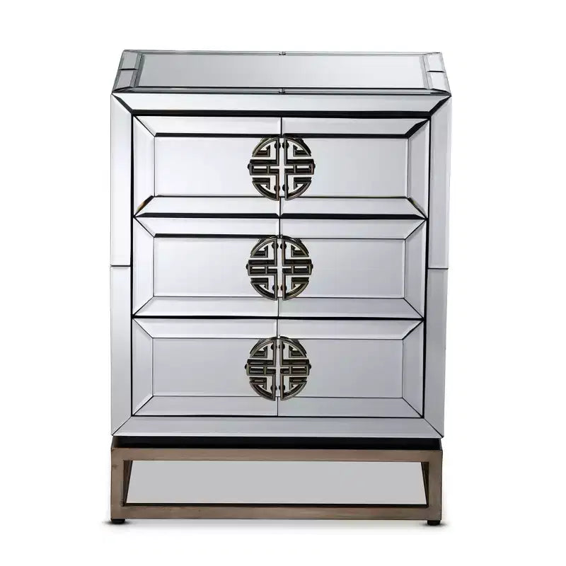 Laken 3 Drawers Mirrored Nightstand - Baxton Studio: Elegant Antique Bronze, Beveled Edges, No Assembly Required