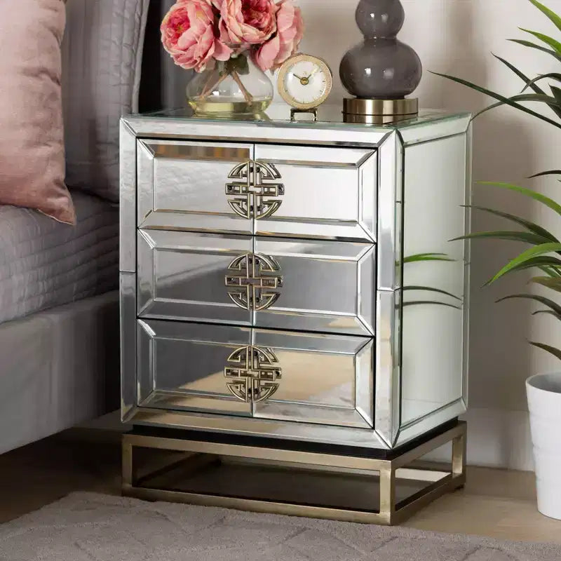 Laken 3 Drawers Mirrored Nightstand - Baxton Studio: Elegant Antique Bronze, Beveled Edges, No Assembly Required