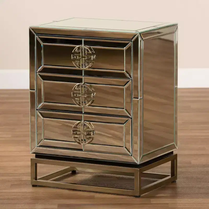 Laken 3 Drawers Mirrored Nightstand - Baxton Studio: Elegant Antique Bronze, Beveled Edges, No Assembly Required