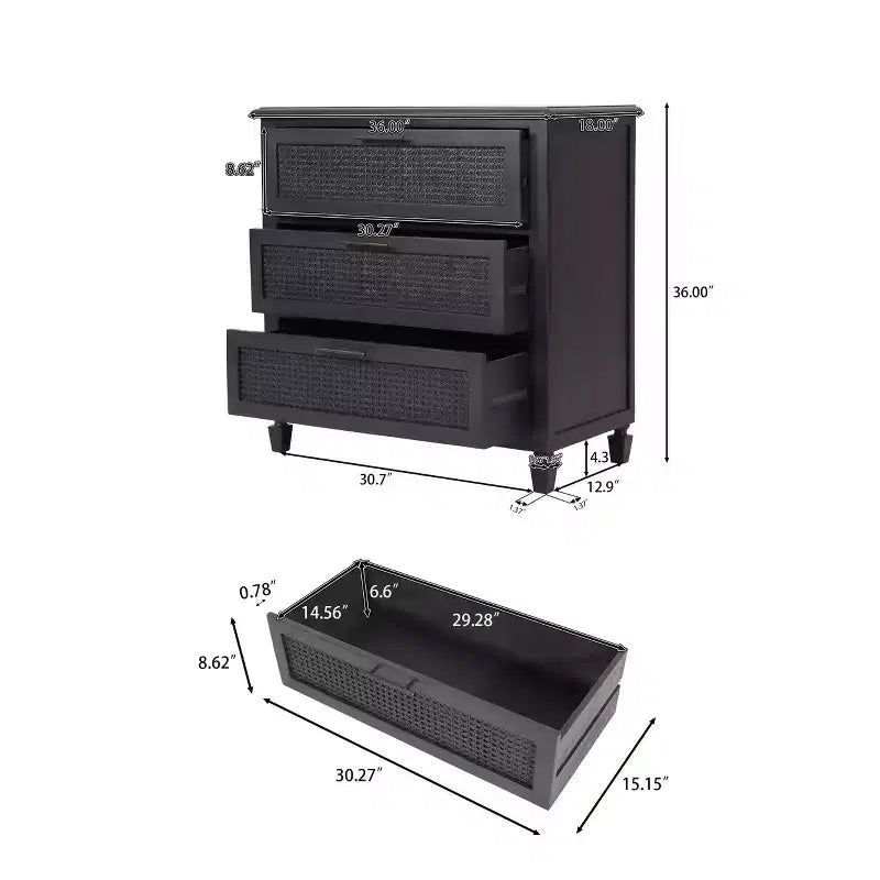 Christopher Knight Home Newell Rustic Acacia Wood and Cane 3 Drawer Dresser Dark Gray: Bedroom Storage, Metal Hardware