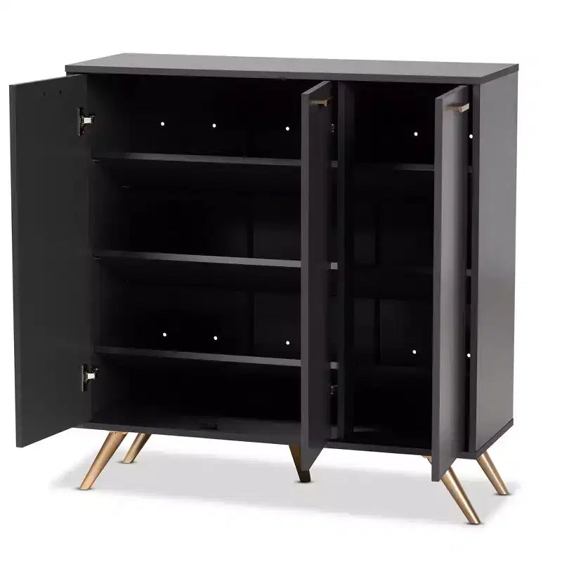 Kelson Wood 3 Door Cabinet Dark Gray/Gold - Baxton Studio: Entryway Organizer with 4 Shelves