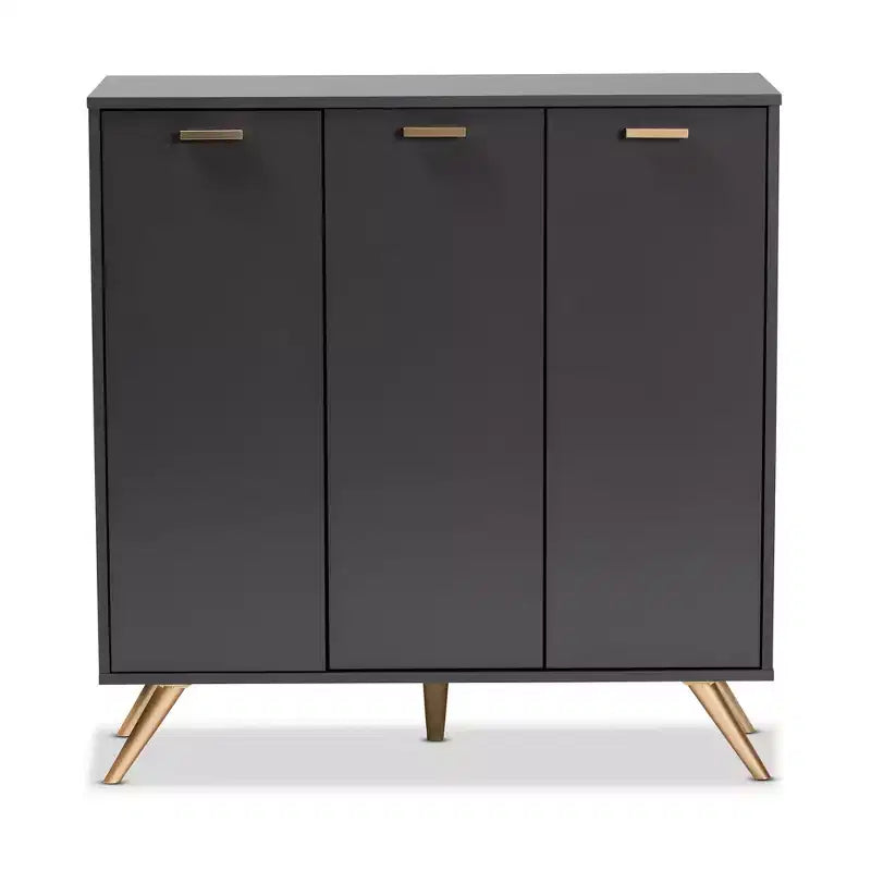 Kelson Wood 3 Door Cabinet Dark Gray/Gold - Baxton Studio: Entryway Organizer with 4 Shelves
