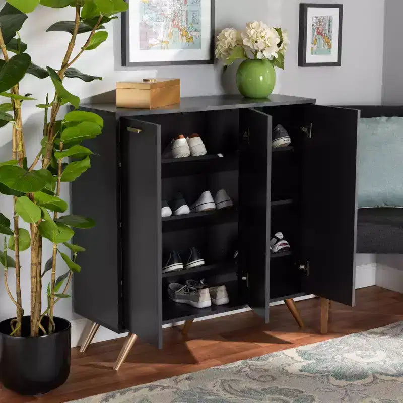 Kelson Wood 3 Door Cabinet Dark Gray/Gold - Baxton Studio: Entryway Organizer with 4 Shelves