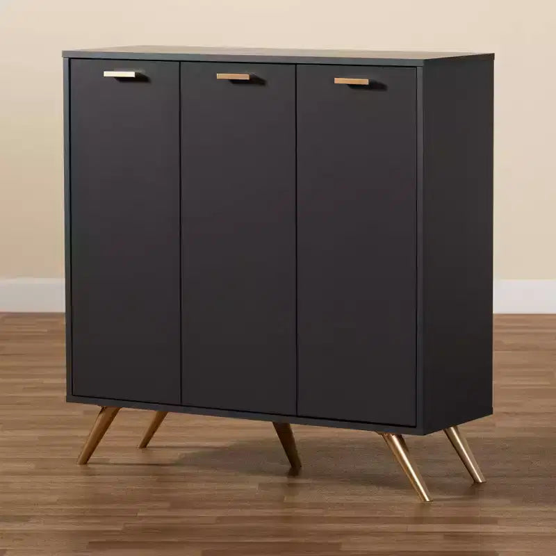 Kelson Wood 3 Door Cabinet Dark Gray/Gold - Baxton Studio: Entryway Organizer with 4 Shelves