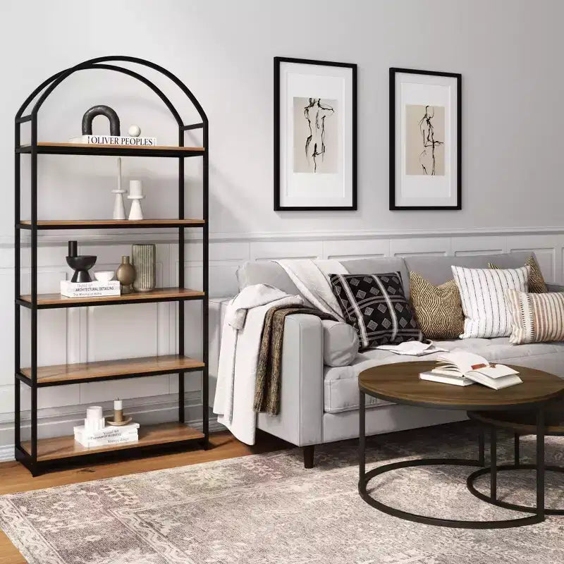72" Haven Wood and Metal 5 Shelf Arch Bookshelf Reclaimed Oak/Matte Black - Nathan James