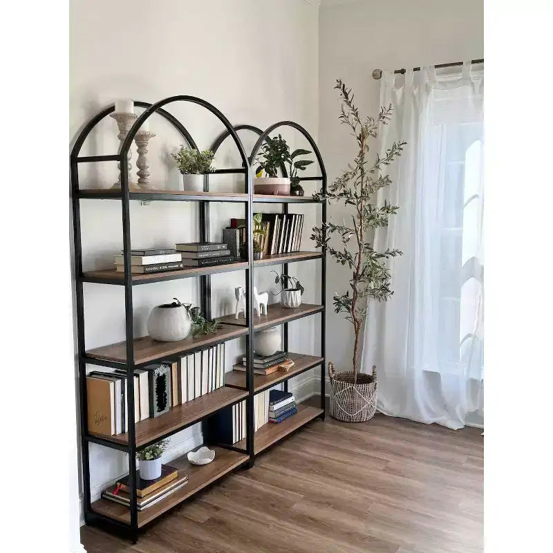 72" Haven Wood and Metal 5 Shelf Arch Bookshelf Reclaimed Oak/Matte Black - Nathan James