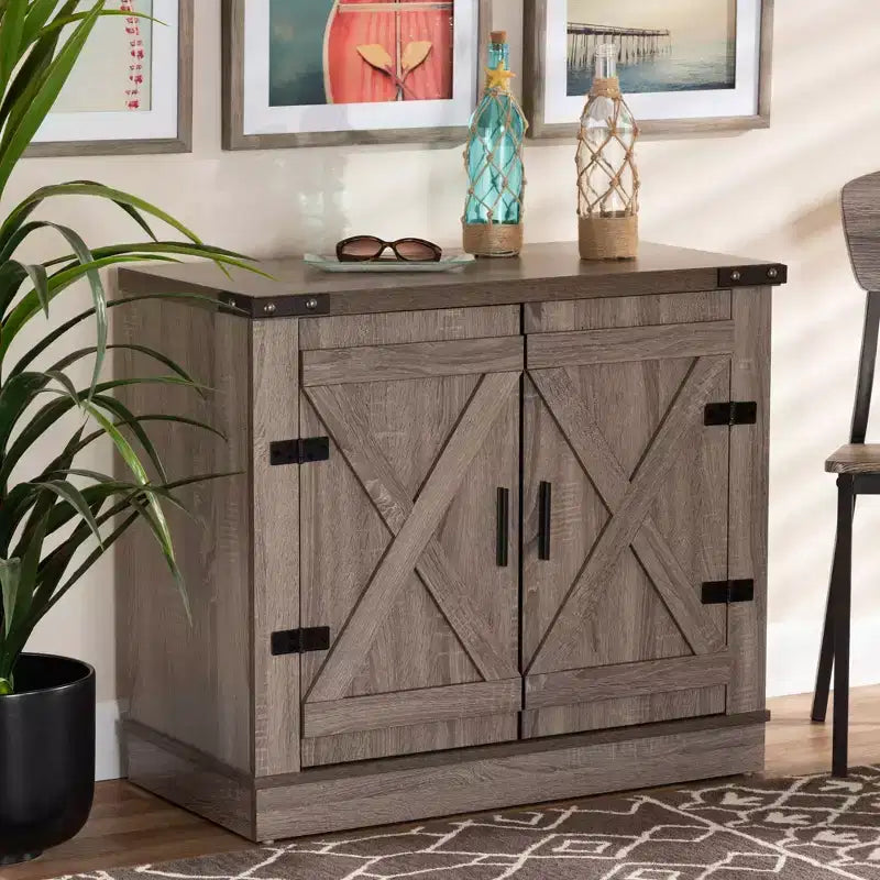 Wayne Farmhouse Wood 2 Doors Shoe Storage Cabinet Oak Brown - Baxton Studio: Entryway Organizer, Holds 9 Pairs