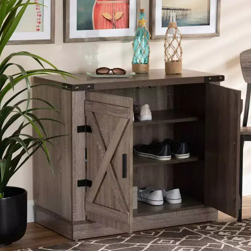 Wayne Farmhouse Wood 2 Doors Shoe Storage Cabinet Oak Brown - Baxton Studio: Entryway Organizer, Holds 9 Pairs