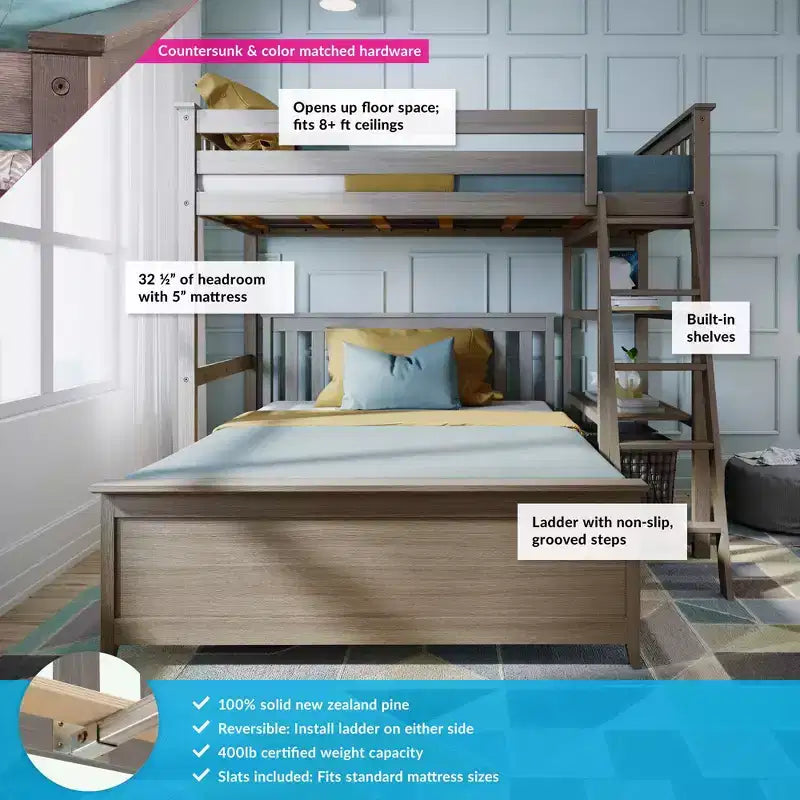 Max & Lily Solid wood L-Shaped Bunk Bed, Twin over Full with Bookcase for Kids