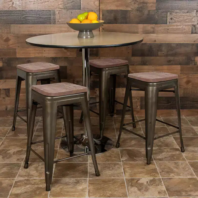 Flash Furniture 24 High Metal Counter-Height, Indoor Bar Stool with Wood Seat - Stackable Set of 4