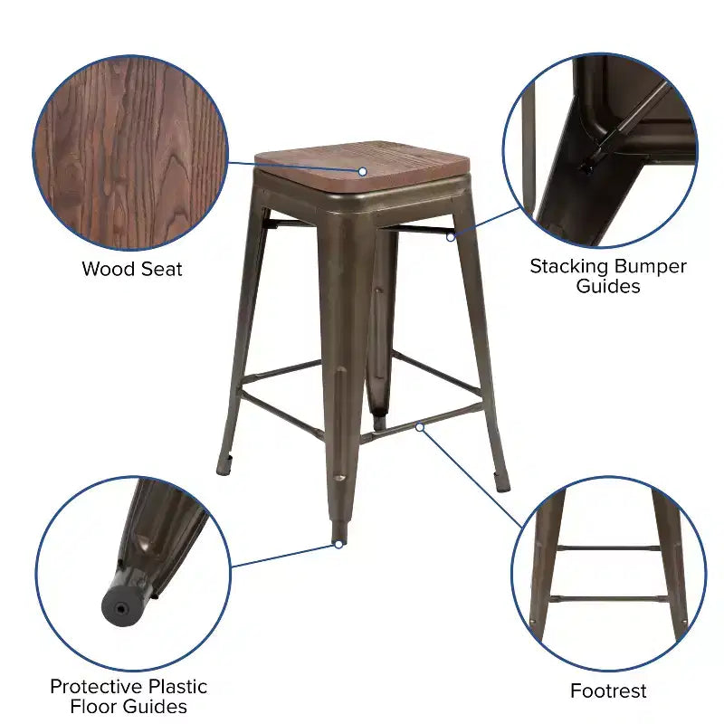 Flash Furniture 24 High Metal Counter-Height, Indoor Bar Stool with Wood Seat - Stackable Set of 4
