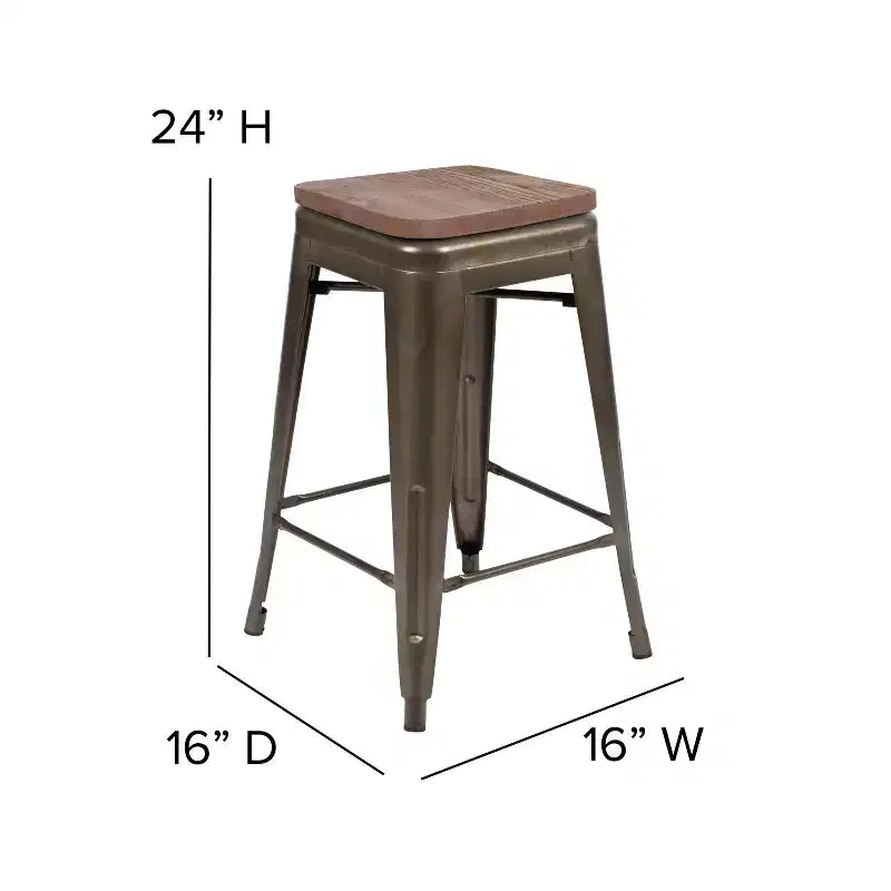 Flash Furniture 24 High Metal Counter-Height, Indoor Bar Stool with Wood Seat - Stackable Set of 4