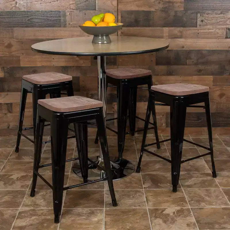 Flash Furniture 24 High Metal Counter-Height, Indoor Bar Stool with Wood Seat - Stackable Set of 4