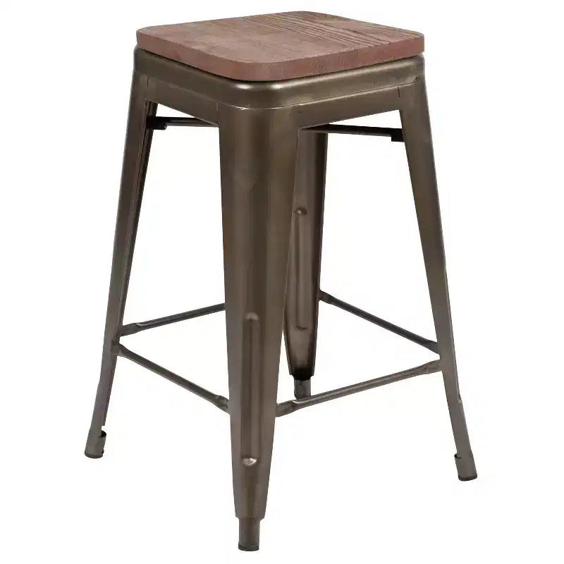 Flash Furniture 24 High Metal Counter-Height, Indoor Bar Stool with Wood Seat - Stackable Set of 4