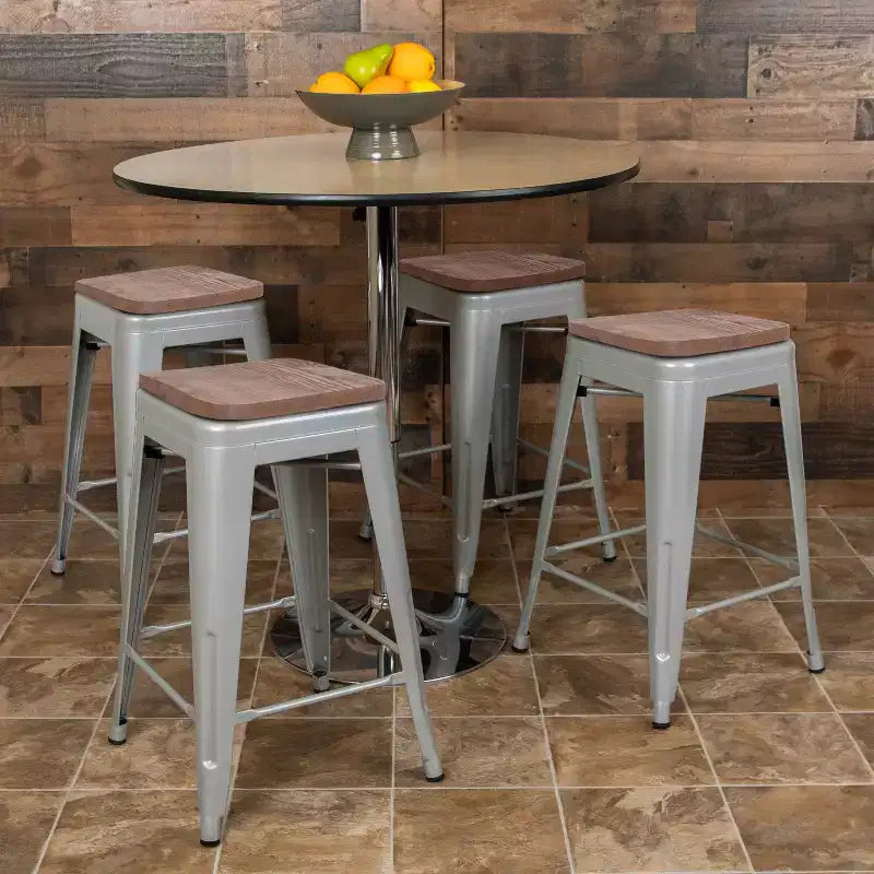 Flash Furniture 24 High Metal Counter-Height, Indoor Bar Stool with Wood Seat - Stackable Set of 4