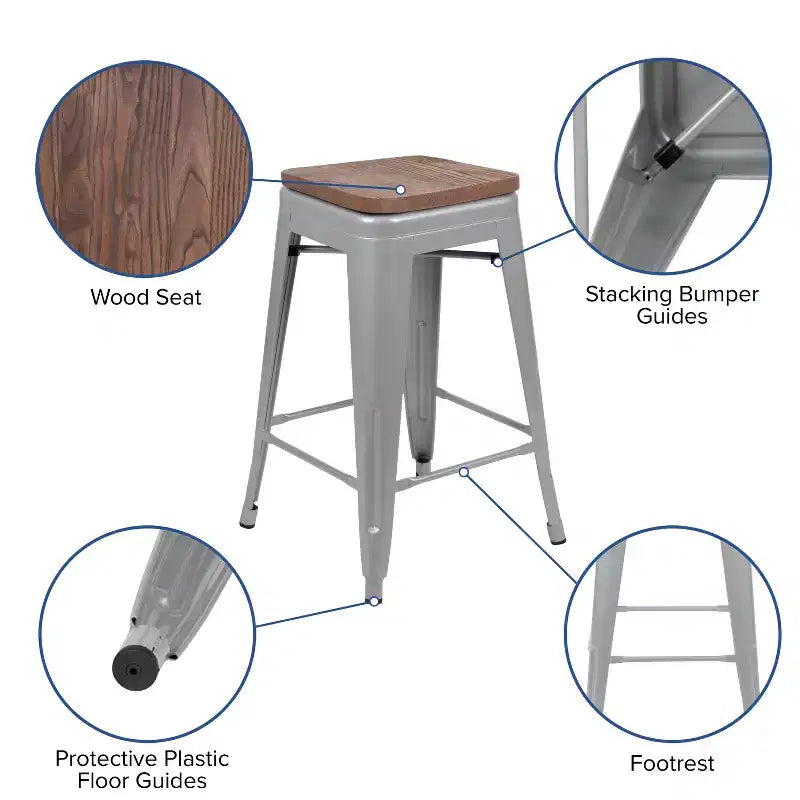 Flash Furniture 24 High Metal Counter-Height, Indoor Bar Stool with Wood Seat - Stackable Set of 4