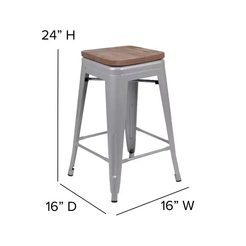 Flash Furniture 24 High Metal Counter-Height, Indoor Bar Stool with Wood Seat - Stackable Set of 4