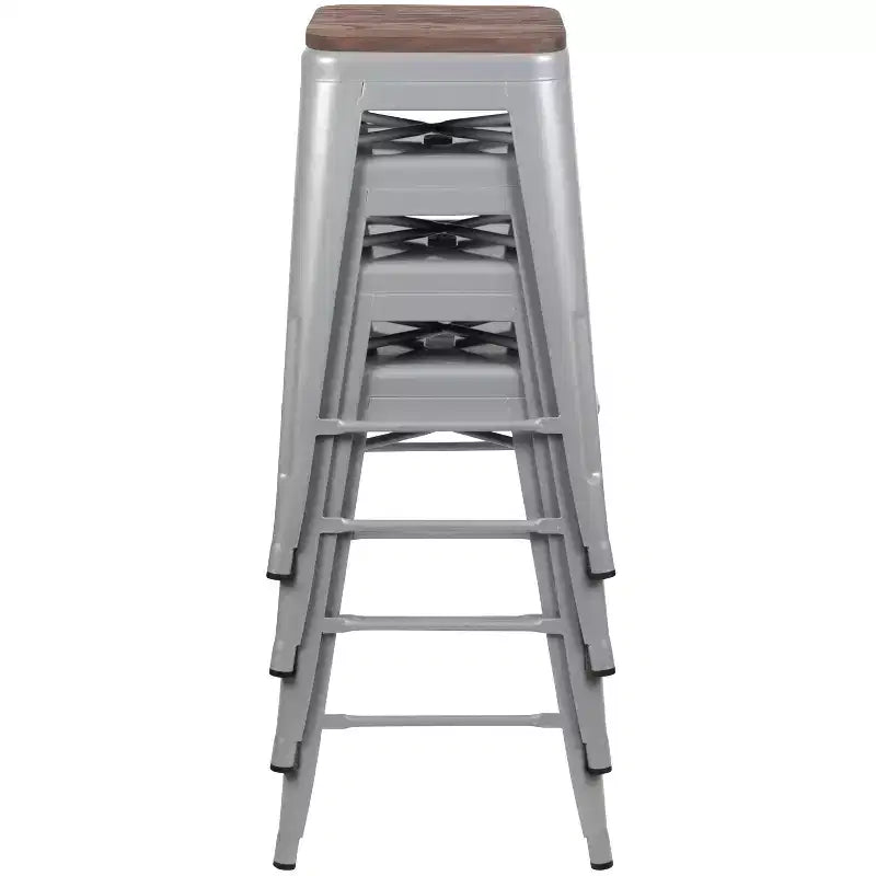 Flash Furniture 24 High Metal Counter-Height, Indoor Bar Stool with Wood Seat - Stackable Set of 4