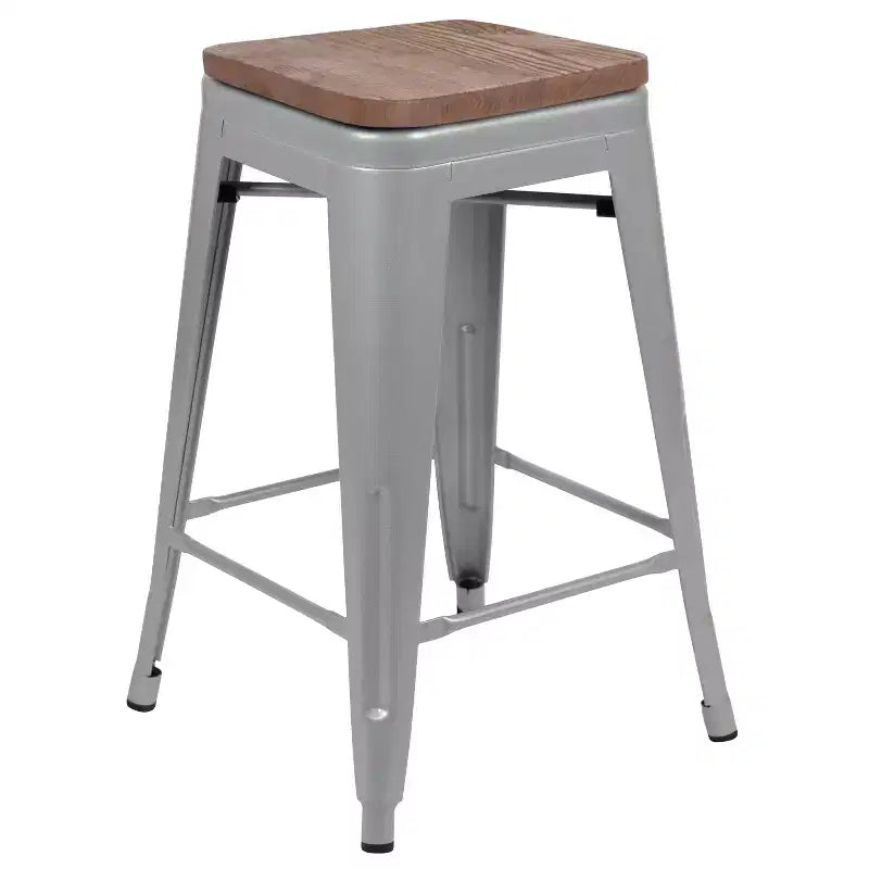 Flash Furniture 24 High Metal Counter-Height, Indoor Bar Stool with Wood Seat - Stackable Set of 4