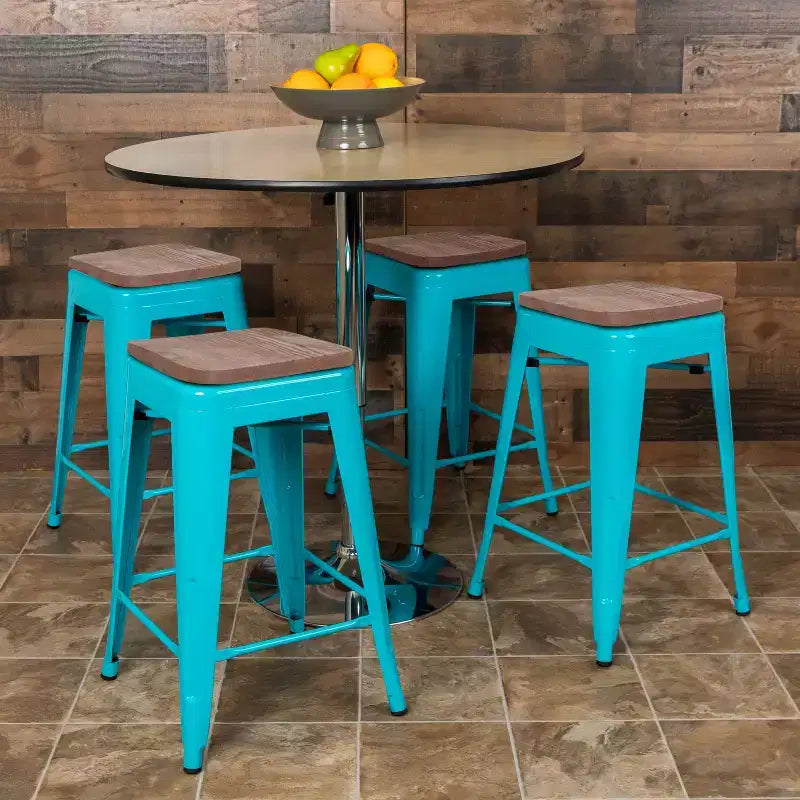 Flash Furniture 24 High Metal Counter-Height, Indoor Bar Stool with Wood Seat - Stackable Set of 4