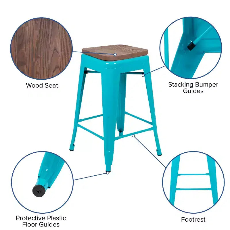 Flash Furniture 24 High Metal Counter-Height, Indoor Bar Stool with Wood Seat - Stackable Set of 4