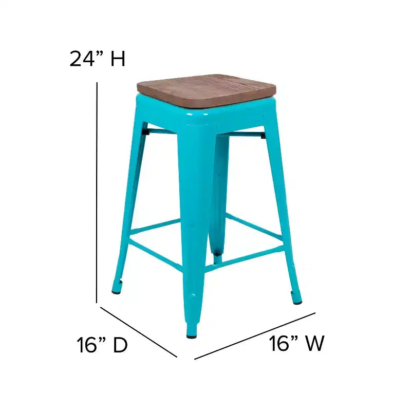 Flash Furniture 24 High Metal Counter-Height, Indoor Bar Stool with Wood Seat - Stackable Set of 4