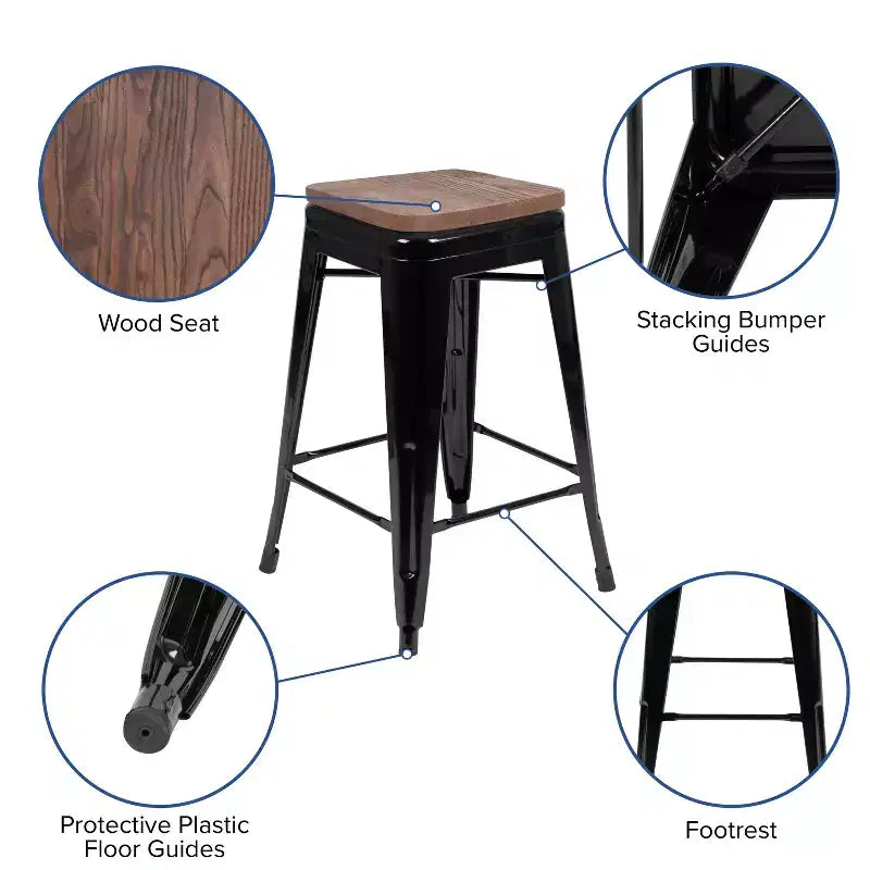Flash Furniture 24 High Metal Counter-Height, Indoor Bar Stool with Wood Seat - Stackable Set of 4