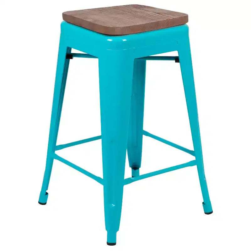 Flash Furniture 24 High Metal Counter-Height, Indoor Bar Stool with Wood Seat - Stackable Set of 4
