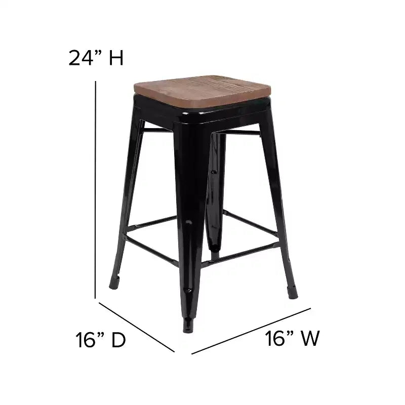 Flash Furniture 24 High Metal Counter-Height, Indoor Bar Stool with Wood Seat - Stackable Set of 4