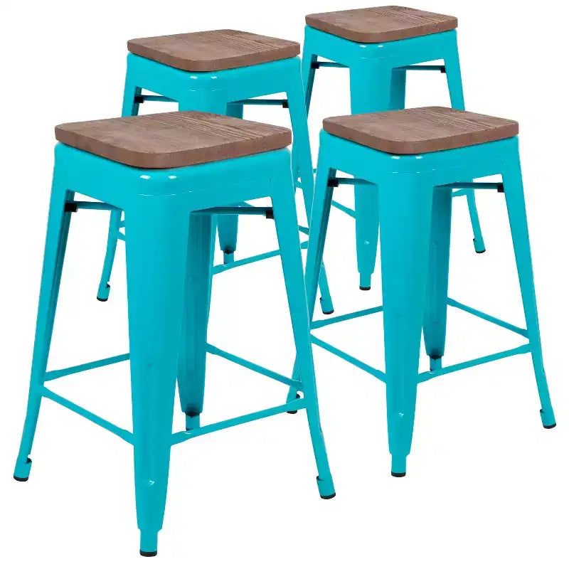Flash Furniture 24" High Metal Counter-Height Indoor Bar Stool with Wood Seat - Stackable Set of 4